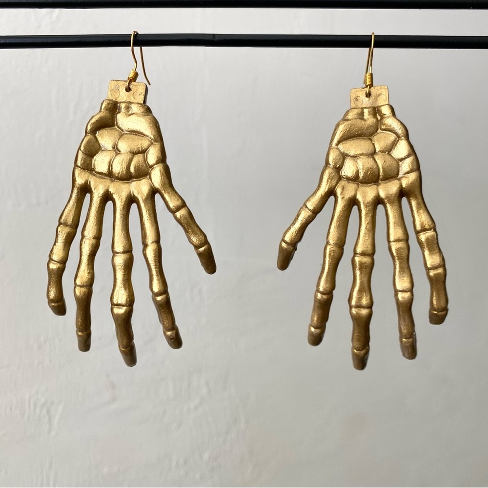 Golden Skeleton Hand Palm Earrings Halloween Wearable Art
